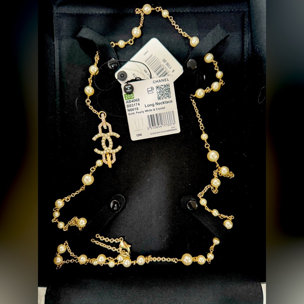 CHANEL Gold, Pearly White and Crystal Long Pearl Necklace NWT